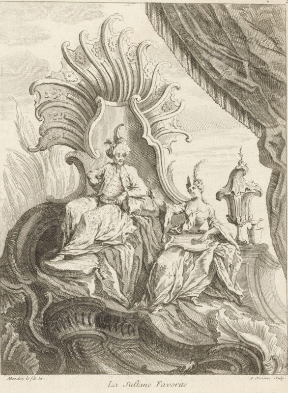 The Favorite Sultan, Rocaille with enthroned sultan, Cinquieme Livre de Figures et Ornements Chinois, Fifth series with Chinese figures and ornaments, print, album page, ornamental print, Series number, 2, 7, Next to the sultan is a woman playing a dulcimer. This series is numbered with a letter E in the upper left. Print is part of an album., printmaker: Antoine Aveline, after design by François-Thomas Mondon, 1736, paper, etching, engraving, height 231 mm x width 177 mm, rocaille ornament, ruler, sovereign, dulcimer, zither, A detailed black and white etching shows two seated figures on an ornate, shell-like throne with sweeping, curved decorative forms behind them and draped fabric folding around their seats; the left figure wears layered flowing garments and a small plume on the head, posed with an arm resting on the lap and a contemplative facial expression, while the right figure, also in layered robes and a feathered headpiece, leans slightly forward holding a rectangular object...