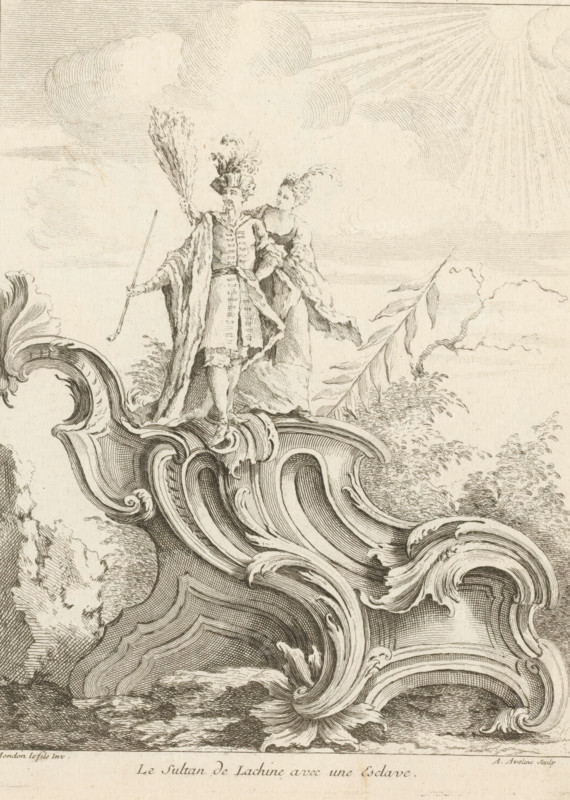 Rocaille with sultan with a woman, Le Sultan de Lachine, avec une Esclave, Cinquieme Livre de Figures et Ornements Chinois, Fifth series with Chinese figures and ornaments, print, album page, ornament print, Series number, 4, 7, This series is numbered at the top left with a letter E. Print is made part of an album., printmaker: Antoine Aveline, after design by François-Thomas Mondon, 1736, paper, etching, engraving, height 229 mm x width 179 mm, rocaille ornament, ruler, sovereign, A detailed ink engraving shows two figures standing on an ornate, swirling architectural form with carved volutes and layered contours. The foreground figure wears a long coat or robe, a tall hat with plumes, and holds a slender staff and a fanlike object, while the figure beside them has a flowing dress and an arm draped around the foreground figure’s shoulder. Fine lines form stylized clouds and radiating rays in the upper background, and leafy vegetation and trees appear around the base of the architectu...