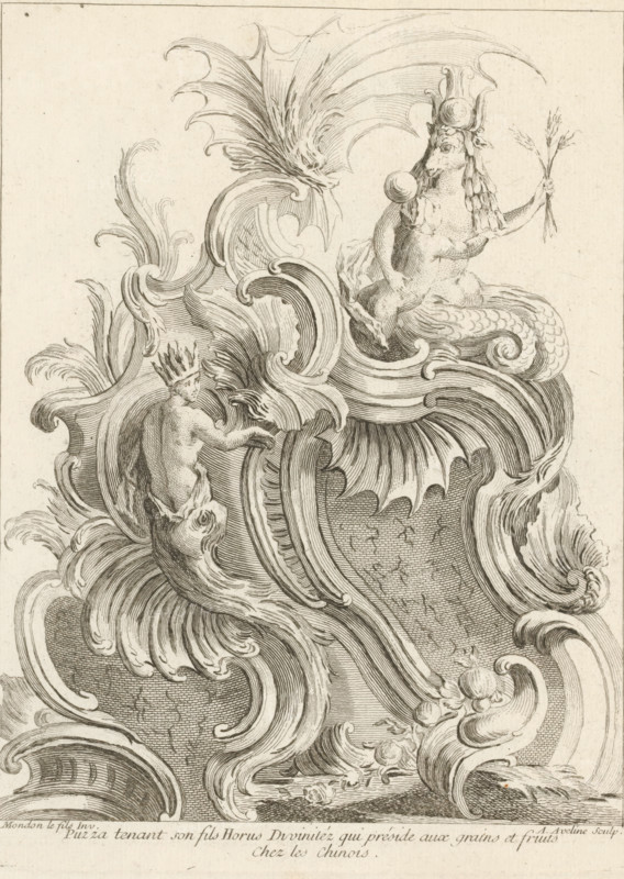 Puzza tenant son fils Horus Divinitéz qui préside aux grains et fruits, Rocaille with three gods, Fifth series with Chinese figures and ornaments, Cinquieme Livre de Figures et Ornements Chinois, print, album page, ornamental print, Series number, 6, 7, According to the caption, this depicts Horus as a child, possibly with his mother Isis, who here has features of Hathor. This series is numbered with a letter E in the upper left corner. Print is part of an album., printmaker: Antoine Aveline, after design by François-Thomas Mondon, 1736, paper, etching, height 230 mm x width 177 mm, rocaille ornament, Horus, son of Osiris and Isis, A detailed monochrome engraving shows elaborate swirling acanthus-like ornamental forms with flowing curved lines and shell-like scrolls. Within the decorative foliage a crowned human figure is partially visible, turned away with an arm extended and draped fabric around the lower body. Above, a hybrid creature with an animal head and a scaled, curled tail si...