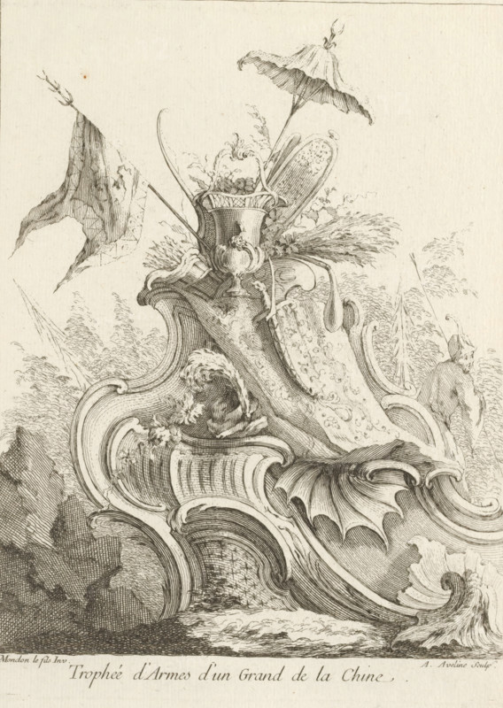 Rocaille with war trophy, Trophée d'Armes d'un Grand de la Chine, Fifth series with Chinese figures and ornaments, Cinquieme Livre de Figures et Ornements Chinois, print, album page, ornament print, Series number, 7, This series is numbered at the top left with a letter E. Print is part of an album., printmaker: Antoine Aveline, after design by François-Thomas Mondon, 1736, paper, etching, height 229 mm x width 175 mm, rocaille ornament, trophy, battle, war, An intricately detailed black and white etching shows an elaborate ornamental arrangement of curved, shell-like architectural forms and scrollwork, with a central pedestal holding a decorative vase filled with foliage and plumed elements, a parasol perched above, and a flag waving to the left; finely hatched shading defines textured surfaces, floral motifs, and layered drapery, while a figure wearing a pointed hat appears on the right amid more ornamental flourishes and stylized natural elements.