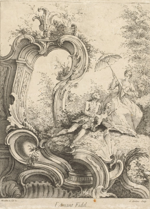 L'Amant Fidel, Rocaille with young couple with dog, Sixth series with rocaille, cartelsornamenten en Figuurs, Sixieme Livre de Formes Rocailles et Cartels ornés de Figures Françoises, print, album page, ornamental print, Series number, 6, 7, This series is numbered with a letter F in the upper left corner. Print is part of an album., printmaker: Antoine Aveline, after design by François-Thomas Mondon, 1736, Antoine Aveline, François-Thomas Mondon, printmaker, after design by, paper, etching, engraving, etching en gravure, pasted on album page, height 227 mm x width 171 mm, rocaille ornament, lovers, courting, flirting, An intricately detailed engraving shows an ornate rococo frame with sweeping curving scrolls and carved floral motifs occupying much of the left and lower portions, while to the right a pastoral scene depicts a seated woman in a flowing dress holding a parasol above her head and a reclining man in period attire leaning back against the ground near her; delicate foliage a...