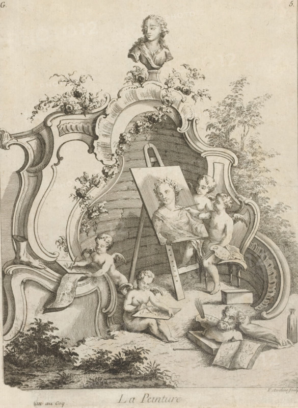 Rocaille with allegory of painting, La Peinture, print, album page, ornamental print, This print is part of a series not otherwise represented in this album, and is numbered with a letter G in the upper left. Numbered: 5 in the upper right. Print is part of an album., printmaker: Antoine Aveline, after design by François-Thomas Mondon, 1736, paper, etching, engraving, etching and engraving, pasted on album page, height 230 mm x width 175 mm, rocaille ornament, cupids: 'amores', 'amoretti', 'putti', 'Pictura', symbolic representations, allegories and emblems, painting, 'Pittura' (Ripa), A detailed ink engraving shows a decorative rococo frame with curved moldings and floral garlands surrounding a central scene of cherubic figures engaged in artistic activities; an easel holds a portrait painting of a young woman while a seated cherub at a small stool holds a palette and brushes and appears to touch the canvas, another cherub nearby draws on a sheet of paper on a cushioned surface, and a...