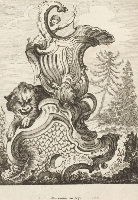 Rocaille with lion, Nouveau Livre de forme d'ornemens rocaille, et vase, Series with rocailles and vases, print, album page, ornamental print, Series number, 2, 7, This print is part of a series and is numbered with a letter H in the upper left corner. Print is part of an album., printmaker: Antoine Aveline, after design by François-Thomas Mondon, publisher: Étienne Charpentier, Paris, grantor of privilege: Louis XV of France, France, 1736, Antoine Aveline, François-Thomas Mondon, Étienne Charpentier, Louis XV of France, printmaker, after design by, publisher, grantor of privilege, paper, etching, engraving, height 256 mm x width 181 mm, rocaille ornament, beasts of prey, predatory animals: lion, An ornate engraved decorative form with flowing scrollwork and shell-like curves, featuring a reclining lion-like creature with a curled mane and a smiling expression, a small partially draped human figure emerging from the upper scroll holding a thin rod, densely hatched textures and patterne...
