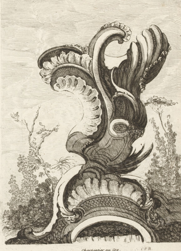 Ornamental vase with rocaille ornaments, Nouveau Livre de forme d'ornemens rocaille, et vase, Series with rocaille ornaments and vases, print, album page, ornamental print, Series number, 5, 7, This print is part of a series and is numbered with a letter H in the upper left corner. Print is part of an album., printmaker: Antoine Aveline, after design by François-Thomas Mondon, publisher: Étienne Charpentier, Paris, grantor of privilege: Louis XV of France, France, 1736, Antoine Aveline, François-Thomas Mondon, Étienne Charpentier, Louis XV of France, printmaker, after design by, publisher, grantor of privilege, paper, etching, height 244 mm x width 181 mm, rocaille ornament, trees, An intricate black ink drawing of ornate, curling shell- and foliage-like forms rendered with dense parallel and cross hatching, showing voluted, scalloped edges and smooth rounded interiors; the composition focuses on a large flowing central crest that spirals upward with layered, ribbed textures and shadow...