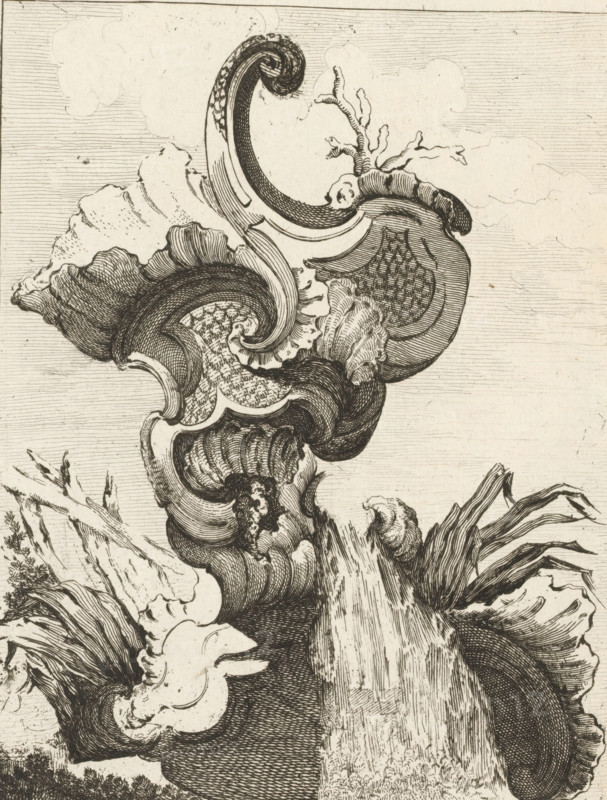 Ornamental vase with seed beads and waterfall, Series with seed beads and vases, Nouveau Livre de forme d'ornemens rocaille, et vase, print, album page, ornamental print, Series number, 6, 7, This print is part of a series and is numbered with a letter H in the upper left corner. Print is part of an album., printmaker: Antoine Aveline, after design by François-Thomas Mondon, publisher: Étienne Charpentier, Paris, grantor of privilege: Louis XV of France, France, 1736, Antoine Aveline, François-Thomas Mondon, Étienne Charpentier, Louis XV of France, printmaker, after design by, publisher, grantor of privilege, paper, etching, height 264 mm x width 184 mm, seed bead ornament, garden cascade, A detailed monochrome etching of curling, layered organic forms resembling shells, waves, and bark, rendered with fine crosshatching and parallel lines; a prominent spiraling shape at the top with textured interior surfaces and scalloped edges flows into bulbous, ribbed volumes and patterned surfaces...