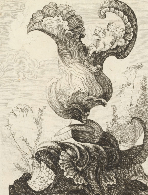 Ornamental vase with seed beads and putti, Series with seed beads and vases, Nouveau Livre de forme d'ornemens rocaille, et vase, print, album page, ornamental print, Series number, 7, This print is part of a series and is numbered with a letter H in the upper left corner. Print is part of an album., printmaker: Antoine Aveline, after design by François-Thomas Mondon, publisher: Étienne Charpentier, Paris, grantor of privilege: Louis XV of France, France, 1736, Antoine Aveline, François-Thomas Mondon, Étienne Charpentier, Louis XV of France, printmaker, after design by, publisher, grantor of privilege, paper, etching, height 243 mm x width 180 mm, seed bead ornament, garden cascade, An intricate pen-and-ink scene showing large, curling shell-like forms with dense parallel hatching and flowing contours, a cluster of three cherub-like figures nestled within one upper curl, delicate wispy cloud shapes in the background, finely rendered foliage and slender plant stems along the right and l...
