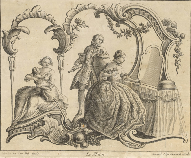 Rocaille with elegant gentleman and two ladies, Le Matin, print, album page, ornament print, Print is part of an album., printmaker: Hassard, after design by François-Thomas Mondon, publisher: Jean-François Daumont, Paris, grantor of privilege: Louis XV of France, France, 1719 - 1775, Louis, An ornamental etching shows three seated figures framed by large decorative scrolls and floral motifs; a woman on the left cradles a small child and sits beneath a curved carved support, a man in the center wearing a coat with buttons and a bow at his neck stands slightly behind a seated woman on the right who wears an ornate patterned gown and holds a small bouquet while facing a cushioned mirror or dressing screen draped with fabric and trimmed with floral garlands, the lower border is filled with sculpted acanthus leaves and clusters of fruit.