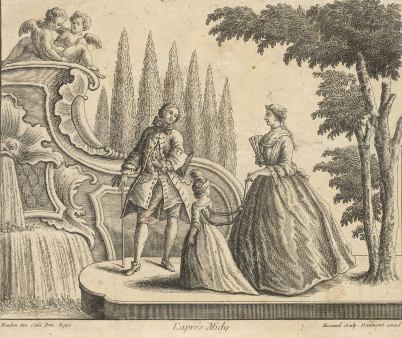L'aprés Midy, Couple walking with child by fountain with seed beads, print, album page, ornament print, Print is part of an album., print maker: Hassard, after design by François-Thomas Mondon, publisher: Jean-François Daumont, Paris, grantor of privilege: Louis XV of France, France, 1719 - 1775, Hassard, François-Thomas Mondon, Jean-François Daumont, Louis, A finely detailed ink engraving shows an elegantly dressed man standing on a raised platform beside a woman in a voluminous gown who holds a folding fan, with a smaller seated woman or child between them; the man wears a coat with decorative buttons, knee breeches, a ribbon at his neck, and holds a cane, while the seated figure has a coiffed hairstyle and a dress with a full skirt. To the left an ornate carved fountain or architectural element with flowing water occupies the foreground, topped by two cherubic putti who recline on the ornamentation; behind the figures a row of tall, narrow trees rises and to the right a large leafy ...