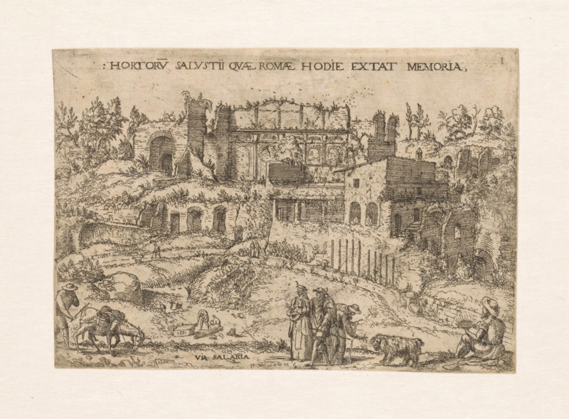 Pleasure Gardens of Salustius in Rome, print, The pleasure gardens of the Roman historian Salustius, located on the Via Salaria in Rome. Among those walking in the gardens are a man with a donkey and a woman with a lute., Italy, 1551, printmaker, paper, Japanese paper (handmade paper), etching, intaglio printmaking technique, etching on Japanese paper with plate tone, height 165 mm x width 238 mm, lute, and special forms of lute, eg: theorbo, garden, ass, donkey, strolling, Rome, Via Salaria, A detailed sepia-toned etching shows a rural scene with crumbling stone buildings and arches on a hillside, surrounded by foliage and small trees, terraces and walls with visible stone texture, and a house with arched openings and a pitched roof; in the foreground there are several figures including two standing people in cloaks and hats conversing, a seated person leaning back, a figure leading a laden donkey, a person crouched near the ground, and a dog; the landscape includes winding dirt paths...