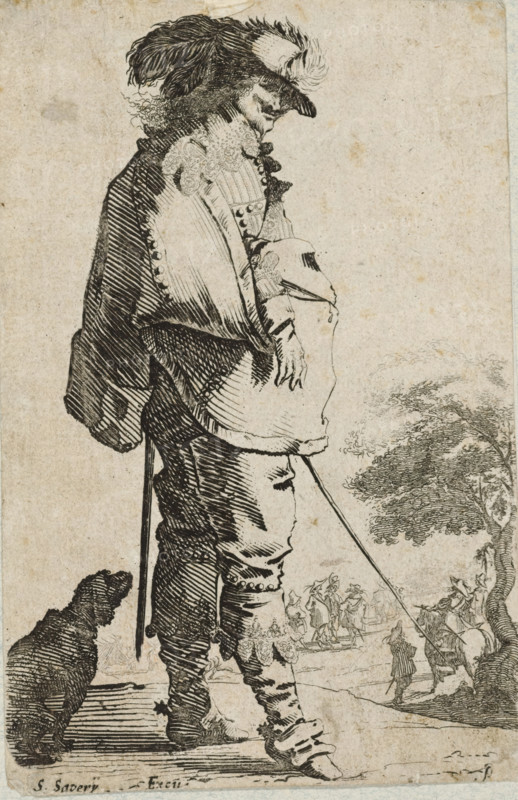 Man facing right, dressed in the fashion of ca. 1630, album page, costume print, Man with hat on and sword at his side, standing facing right, in front of a landscape with horsemen in the background. Next to him a seated dog., signature: 'S.Saverij', printmaker: Salomon Savery, after drawing by Pieter Jansz Quast, c. 1620, paper, etching, height 0 x width 0, hacking and thrusting weapons: sword, trousers, breeches, etc. (BREECHES) (men's clothes), coat (men's clothes), head-gear: hat (men's clothes), head-gear: hat (feathers used for clothes), boots (men's clothes), costume, Period, 1625 - 1650, A tall man in period clothing stands in profile facing right, wearing a large feathered hat, a high lace collar, a cloak draped over one shoulder, and a long coat with decorative buttons; his hands rest near his waist, one holding a thin staff or cane that extends down toward the ground. He wears knee-length breeches with stockings and buckled shoes, and an ornate cuff and lace trim are visible...