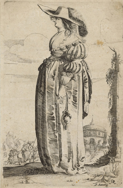 Woman, dressed in the fashion of about 1620, facing left, album, album page, costume print, Woman with hat, richly dressed in the fashion of about 1620, standing in front of a landscape with a round building in the background right., signature: 'PQ', signature: 'S.Saverij', number: '10', printmaker: Salomon Savery, after drawing by Pieter Jansz Quast, c. 1620, paper, etching, height 0 mm x width 0 mm, clothes, costume (women's clothes), dress, gown (women's clothes), head-gear: hat (women's clothes), sleeves (women's clothes), belt, girdle, waistband (women's clothes), other clothing accessories (PURSE) (women's clothes), purse, money-bag (women's clothes), head-gear: hat (feathers used for clothes), costume, Period, 1620, A tall woman in a long, vertically striped dress stands in profile facing left, wearing a wide-brimmed hat with a plume and a lace-trimmed collar, her hair curled and falling over her shoulders; one gloved hand hangs at her side holding a small ornament, while the ot...