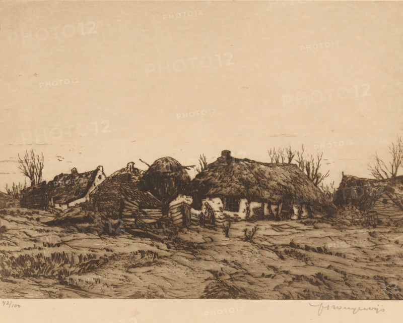 Farmhouses, print, Four low farmhouses and a haystack, collector's mark: 'qJh', printmaker: Hendrik Weegewijs (signed by artist), publisher: Bernard de Vries, 1905 - 1964, Hendrik Weegewijs, Bernard de Vries, printmaker, publisher, paper, etching, intaglio printmaking technique, height 240 mm x width 301 mm, farm or solitary house in landscape, hay-stack, A sepia-toned landscape shows a cluster of rustic thatched cottages with rough stone and plaster walls, irregular rooflines, and textured straw roofs; some roofs have visible bundles or poles on top. In front of the cottages is a patchy, uneven foreground of dirt and low grass with rutted paths and scattered tufts. Leafless trees and spindly shrubs rise behind and between the buildings. A few small birds are visible in the sky above the cottages. The overall image has fine crosshatched lines and shading that emphasize the weathered textures of the buildings, roofs, and ground.