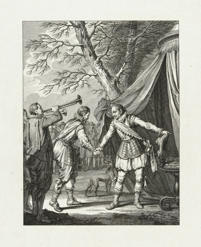 Meeting between Orange and Mondragon, 1573, Meeting between William and Mondragon, XI. canto, Scenes from the life of Prince William I, 1568-1584, Art plates belonging to the epic poem William the First, in twenty-four cantos by the Dutch poet J. Nomsz., print, historical print, Series number, 11, 24, Meeting between William of Orange and Mondragon in front of an army tent near Middelburg, 1573. Eleventh canto., printmaker: Theodoor Koning, Northern Netherlands, after design by Jacobus Buys, publisher: J. Smit, Amsterdam, publisher: Jan Willem Smit, publisher: Willem Vermandel, 1781, paper, etching, height 270 mm x width 215 mm, Illustration for: J. Nomsz, William the First, or the Foundation of Dutch Freedom. : In twenty-four cantos, Heirs of David Klippink, Amsterdam 1779. Stands before the letter. Group of four proofs in the original cover of the publishers J. Smit and Son and W. Vermandel in Amsterdam, 1781 (the third edition)., Person, Cristóbal de Mondragón y Otalora, Eighty Year...