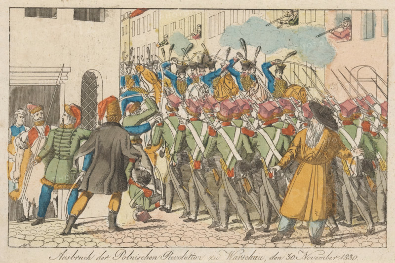 Breakout of the Polish Revolution in Warsaw, November 30, 1830, November Uprising, print, Outbreak of the November Uprising in Warsaw, 1830. Cadets of the Polish Military Academy revolt against the Russian troops in the city., Germany (possibly), 1830 - 1831, printmaker, paper, etching, hand coloring, hand-colored, height 161 mm x width 247 mm, street-fights, riots, Warsaw, Mazowieckie, Period, 1830-11-30, A crowded street scene shows rows of soldiers in uniform standing shoulder to shoulder with long rifles held upright, their uniforms featuring green coats, red collars, and backpacks with straps crossing their backs; in front of them mounted cavalry wearing blue jackets and tall hats with plumes brandish sabers while pale blue smoke drifts above; on the left several men in varied clothing and fur hats confront the troops, one wearing a dark cloak and another in a green tunic with decorative fastenings, and a small boy clutches at a soldier’s leg; buildings with multiple windows line ...