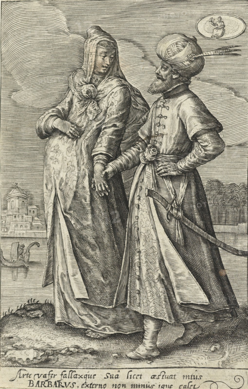 August: a couple from Turkey, The twelve months with couples in costumes from various countries, costume print, Man and pregnant woman, dressed in Turkish dress, on the bank of a river. In the background a city view. In the upper right the sign of Virgo. In the margin a two-line caption in Latin about the cunning of 'the Barbarian' who can also set ablaze for the woman. Print from a series with the twelve months represented by signs of the zodiac and couples wearing clothes from different countries., inscription: '110', caption: 'Arte vafer fallaxque suâ licet aestuat intus, BARBARVS, externo non minus igne calet', printmaker: Crispijn van de Passe (II), Northern Netherlands, 1604 - 1670, paper, engraving, mounted on album page, height 134 mm x width 85 mm x height 242 mm x width 271 mm, The print is mounted on an album page together with the rest of the print series., shoes, sandals (men's clothes), coat (men's clothes), clothes, costume (women's clothes), dress, gown (women's clothes...
