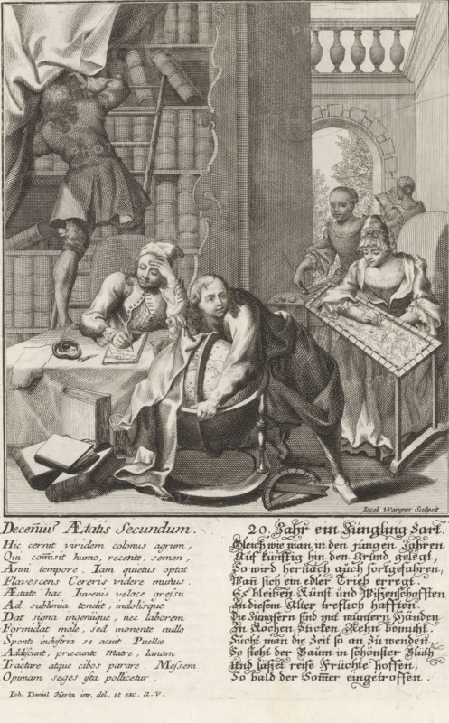 Deceniu Aetatis Secundum, 20. Jahr ein Jüngling zart, Man at twenty years of age, Aetatis humanae Gradus, Die Stuffen des Menschliche Alters, Ten ages of man, print, album page, In a room on the left studying young men (one writing, one looking at a globe and one standing by a bookcase). On the right a young woman embroidering. With poems in Latin and German. This print is part of an album., number, watermark, printmaker: Jakob Wangner, Augsburg, after drawing by Johann Daniel Herz (I), c. 1725 - c. 1730, Bavaria, paper, engraving, etching, height 240 mm x width 160 mm, study, 'studiolo', library, (other forms of) needlework, eg: crocheting, knitting, embroidering, reading, globe, 10-20 years, An interior scene rendered in detailed linework shows a room with tall bookshelves filled with volumes and a ladder against them, a draped curtain partially covering the upper shelves, and a man climbing to reach a book; in the foreground a seated man with a cap rests his head on his hand while w...
