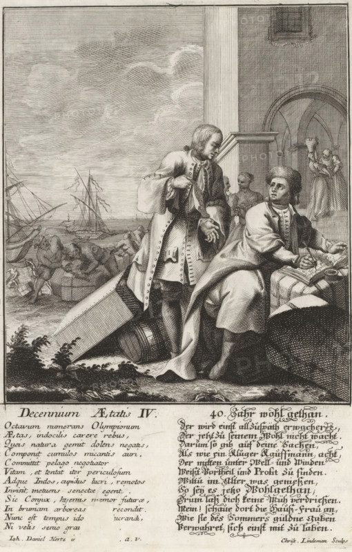 Decennium Aetatis IV, 40. Jahr wohl gethan, Man at the age of forty, Aetatis humanae Gradus, Die Stuffen des Menschliche Alters, Ten ages of man, print, album page, Two merchants by packs and crates in the harbor, one of them making notes on a sheet of paper. In the background, crates are being transported. With poems in Latin and German. This print is part of an album., number, watermark, printmaker: Christian Philipp Lindemann, Augsburg, after drawing by Johann Daniel Herz (I), c. 1725 - c. 1730, Bavaria, paper, engraving, etching, height 240 mm x width 160 mm, merchant, salesman, harbour, 30-40 years, A detailed black and white engraving shows a coastal scene with two men in the foreground near a stone building; one man stands wearing a long coat with decorative buttons and gestures with one hand while holding a hat in the other, looking toward the seated man who is at a table covered with cloth and appears to be engaged with papers and an inkwell, dressed in layered garments and a ...