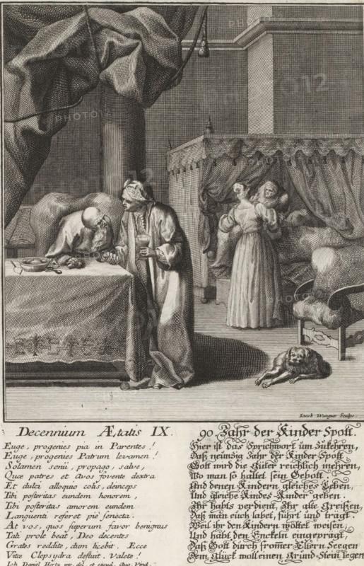 Man at the age of ninety, Decennium Aetatis IX, 90. Jahr der Kinder Spott, Ten ages of man, Aetatis humanae Gradus, Die Stuffen des Menschliche Alters, print, album page, An old man with a beard sits at a table with eating utensils. He is being assisted by a woman. In the background on the right, an old woman in a four-poster bed. With poems in Latin and German. This print is part of an album., number, watermark, printmaker: Jakob Wangner, Augsburg, after drawing by Johann Daniel Herz (I), c. 1725 - c. 1730, Bavaria, paper, engraving, etching, height 240 mm x width 160 mm, 80-90 years, A monochrome engraving showing an interior scene with draped fabric hanging from the ceiling and a large column near the center, a table covered with a cloth on the left with a bowl and utensils on it, an older bearded man leaning over the table and another man in a robe beside him holding a cup, a curtained bed or canopy in the background with a woman standing nearby tending to a seated figure under the...