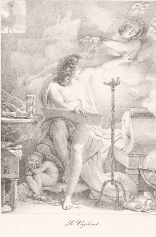 Diligent artist, Le Vigilant, print, printmaker: Pierre Narcisse Guérin, printer (person): Gottfried Engelmann, Paris, 1816, printer (person), paper, chalk lithograph, height 363 mm x width 277 mm, draughtsman at work, Alertness, Vigilance, 'Guardia', 'Vigilanza', 'Vigilanza per difendersi & oppugnare altri' (Ripa) (strife between concepts), A seated young man with curly hair and a draped cloth across his lap looks upward while holding a drawing board and stylus, one arm outstretched toward a reclining female figure floating on clouds who holds a staff and flowers; a tall ornate lampstand with a lit flame stands beside them, a small curled child rests at the man's feet near scattered scrolls and a table with objects including a cup, and a rooster silhouette appears in a distant window.