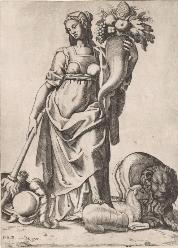 Allegory of abundance through peace, print, Female personification of abundance with a cornucopia filled with fruit in her left arm and a torch in her right. She stands with her foot on a piece of armor. Next to her lie a lamb and a lion., printmaker: Gaspare Oselli, Italy, after drawing by Federico Zuccaro, publisher: Niccolò Nelli, Venice, 1546 - 1576, paper, engraving, intaglio printmaking technique, engraving with plate tone, height 238 mm x width 172 mm, helmet, Abundantia (abundance) as Roman personification, lamb, torch - BB - torch held upside down, beasts of prey, predatory animals: lion - FF - fabulous animals (sometimes wrongly called 'grotesques'), 'Mostri' (Ripa), A monochrome engraving of a standing woman in draped classical clothing, her head tilted downward with eyes closed and hair tied back under a headscarf, one arm holding a large horn-shaped cornucopia filled with fruit and foliage and the other hand resting on a long staff; folds of fabric gather around her waist ...