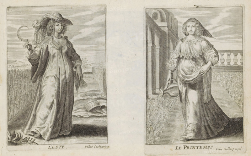 L' Este, Summer, The Four Seasons, print, album page, A richly dressed woman with a feathered hat on her head stands in a cornfield with a sickle in her right hand and a fan in her left hand. She is the personification of the season of summer. This print is part of an album., publisher: Maria Cnobbaert, Antwerp, 1637 - 1671, Maria Cnobbaert, printmaker, publisher, paper, engraving, gravure, height 99 mm x width 70 mm, summer, 'Aestas', 'Estate' (Ripa), A grayscale engraving showing two female figures in separate rectangular panels separated by a blank vertical space; the left panel depicts a woman standing in a field wearing a long flowing dress and a wide-brimmed hat with feathers, holding a curved sickle in one hand and a sheaf of grain in the other, with tall crops behind her and a fallen bucket on the ground near water; the right panel shows a woman in a long dress with puffed sleeves and a headscarf, holding a watering can tipped toward plants, standing beside an architectural bal...