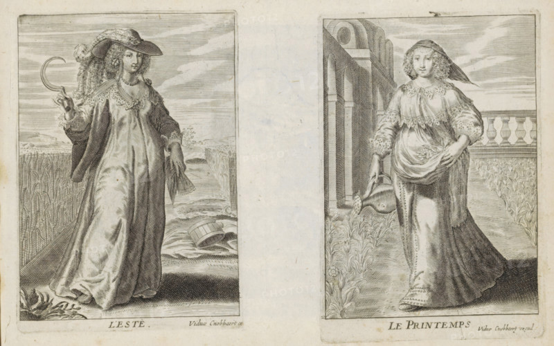 Spring, Le Printemps, The Four Seasons, print, album page, A richly dressed woman with picked flowers in her dress is watering flowers with a watering can in a walled garden. She is the personification of the season of spring. This print is part of an album., publisher: Maria Cnobbaert, Antwerp, 1637 - 1671, printmaker, paper, engraving, height 102 mm x width 70 mm, 'Ver', 'Primavera' (Ripa), Two engraved panels side by side depict women standing in detailed outdoor settings. On the left, a woman wears a long flowing dress with a wide-brimmed feathered hat and holds a curved tool in one hand while a bundle or sheaf hangs from her other hand; she stands before a field of tall crops with a small body of water and a fallen wooden bucket at her feet. On the right, a woman in a long dress with lace details and a headscarf holds a watering vessel tipped toward the ground and gathers part of her skirt with the other hand; she stands on a planted garden plot beside an architectural balustrade ...