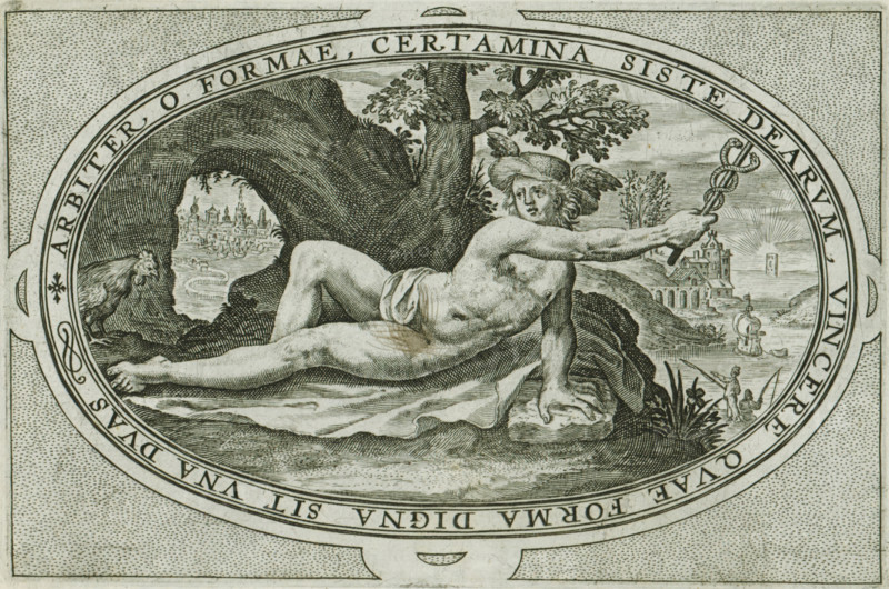 Mercury, Gods and goddesses involved in the Judgment of Paris, print, album page, Landscape with Mercury and his attribute the rooster. Roosters usually pull Mercury's chariot. Mercury wears his winged helmet, the Petasus. In his hand he holds the caduceus. In the frame, a Latin inscription referring to the role Mercury played in the Judgment of Paris. Mercury brings the goddesses to Paris and acts as an intermediary. This print is part of an album., printmaker: Crispijn van de Passe (I), Cologne, 1592, 1635 - 1660, Crispijn van de Passe (I), printmaker, North Rhine-Westphalia, paper, engraving, height 95 mm x width 140 mm, The print has been cleaned with a pen. In the past, someone scratched the cross of Mercury with a pen., (story of) Mercury (Hermes), An oval engraving shows a reclining nude male figure wearing a winged cap and a draped cloth at his waist, lying on a rocky foreground with one arm extended holding a staff entwined by serpents and the other supporting his torso; behin...
