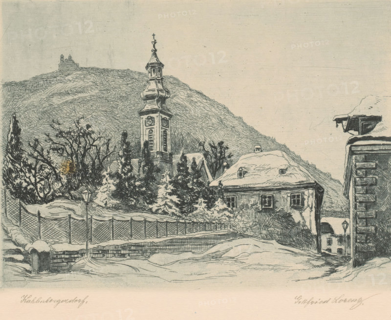 Kahlenbergerdorf (original title on object), print, View of Kahlenbergerdorf: church, house and fence. Hill in background., printmaker: Gottfried Lorenz (signed by artist), 1880 - 1928, paper, etching, intaglio printmaking technique, height 138 mm x width 170 mm, village, Vienna, Lower Austria, A detailed line drawing shows a snow-covered village scene with a tall ornate church tower rising in front of a tree-covered hillside, houses with sloping snow-laden roofs, leafless and evergreen trees clustered near the buildings, a fenced area and a lamppost in the foreground, a winding snow-covered street leading between the buildings, and a distant structure perched atop the hill.