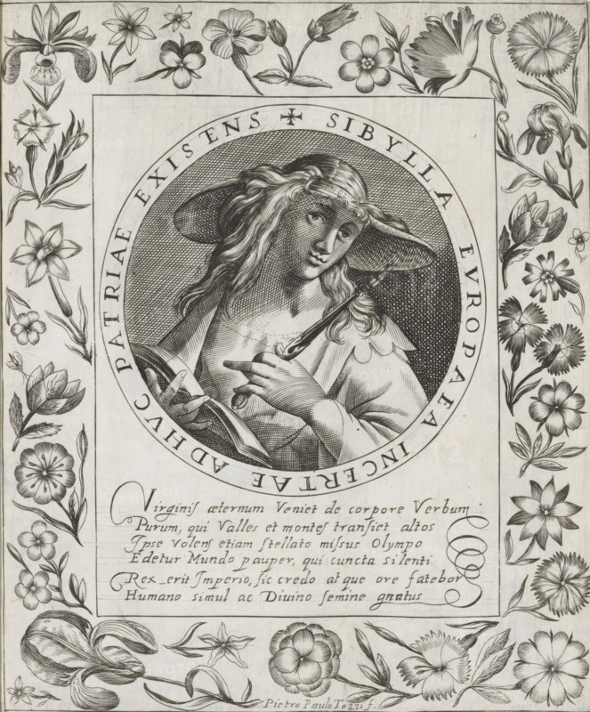 European Sibyl, Imagini Gentilissime delle dodici Sibille, print, album page, Bust of the European Sibyl. In her left hand she holds an open book and in her right hand a scepter. The depiction is enclosed in a medallion with a Latin inscription around the edge. Below the depiction is a six-line caption in Latin. Surrounded by a frame with flowers, including an iris in the lower left corner. Print is part of an album., number: '51.', printmaker: Pietro Paolo Tozzi, Padua, after print by Crispijn van de Passe (I), after design by Crispijn van de Passe (I), 1601 - 1627, after print by, paper, engraving, gravure, height 207 mm x width 172 mm, flowers, sibyls (with NAME), A detailed black and white engraving shows a circular portrait of a young person with long wavy hair wearing a wide-brimmed hat and a crown of leaves, holding a slender rod and an open book, set inside a bordered oval with decorative text around its edge; the portrait is surrounded by a rectangular frame filled with finely...