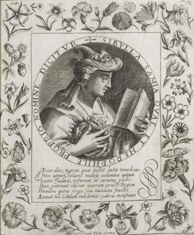 Sibyl of Samos, Imagini Gentilissime delle dodici Sibyl, print, album page, Bust of the Sibyl of Samos. In her right hand she holds a crown of thorns and in her left hand an open book. The depiction is enclosed in a medallion with a Latin inscription around the edge. Below the depiction is a six-line caption in Latin. Surrounded by a frame with flowers, including columbine and strawberry. Print is part of an album., number: '55.', printmaker: Pietro Paolo Tozzi, Padua, after print by Crispijn van de Passe (I), after design by Crispijn van de Passe (I), 1601 - 1627, after print by, paper, engraving, gravure, height 207 mm x width 172 mm, flowers, Samian sibyl, A detailed black and white engraving shows a circular portrait of a robed woman in profile holding a wreath and an open book, her hair covered by a draped headdress and a small crown, set against a densely hatched oval background and framed by a rectangular border. Surrounding the central portrait are numerous finely drawn botanic...