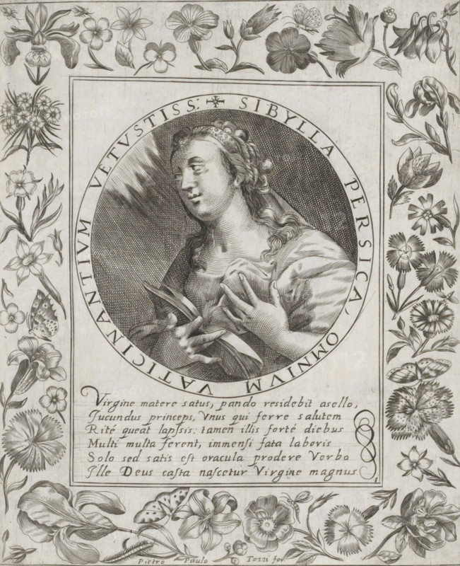 Persian Sibyl, Imagini Gentilissime delle dodici Sibille, print, album page, Series number, 1, 12, Bust of the Persian Sibyl. In her right hand she holds an open book and her left hand is held against her chest. Below the image is a six-line caption in Latin. Surrounded by a frame with flowers, including iris, sweet william, and columbine. Print is part of an album., number: '47', printmaker: Pietro Paolo Tozzi, Padua, after print by Crispijn van de Passe (I), after design by Crispijn van de Passe (I), 1601 - 1627, after print by, paper, engraving, height 208 mm x width 174 mm, flowers, A black and white engraved image showing a central circular portrait of a woman with long wavy hair wearing a headband and a draped garment, holding a book and touching her chest, surrounded by a circular border with engraved letters, all set within a rectangular frame. The rectangular frame is decorated on all sides with detailed floral and botanical engravings, including various flowers, buds, leaves,...