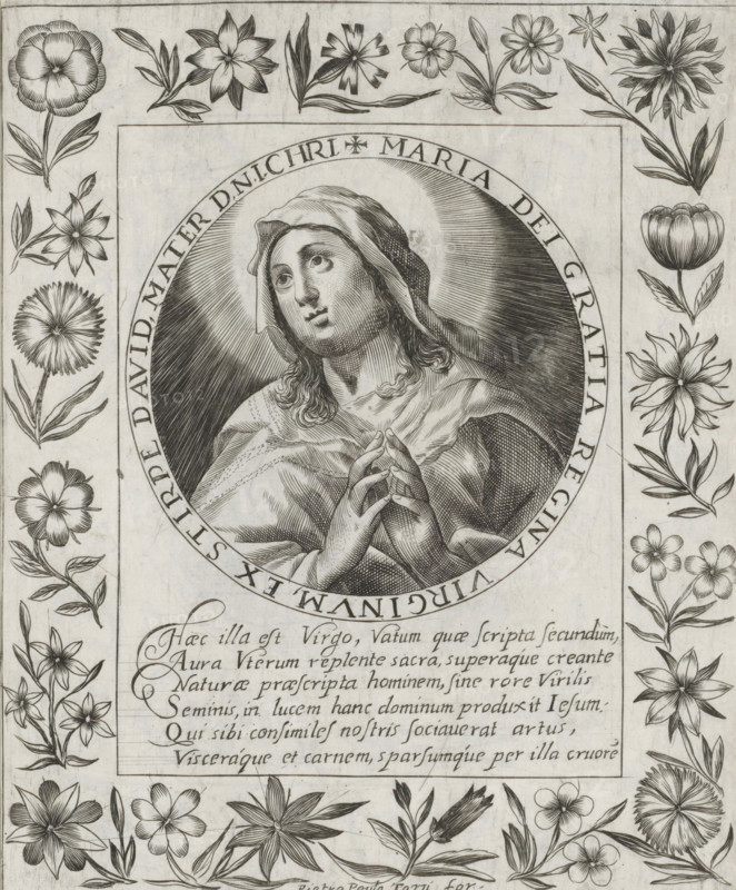 Virgin Mary, Imagini Gentilissime delle dodici Sibille, print, album page, Mary lifts her eyes to heaven and folds her hands. The image is enclosed in a medallion with a Latin inscription around the edge. Below the image is a six-line caption in Latin. Surrounded by a frame with flowers. Print is part of an album., number: '60.', printmaker: Pietro Paolo Tozzi, Padua, after print by Crispijn van de Passe (I), after design by Crispijn van de Passe (I), 1601 - 1627, after print by, paper, engraving, gravure, height 207 mm x width 172 mm, flowers, Mary (without the Christ-child), A monochrome engraved image showing a central oval portrait of a woman wearing a headscarf and draped clothing, her hands clasped in a prayerful gesture and her gaze directed upward, surrounded by radiating lines inside the oval; the portrait is set within a rectangular frame that is bordered on all sides with decorative floral illustrations of various stylized flowers and leaves, arranged along the margins and c...