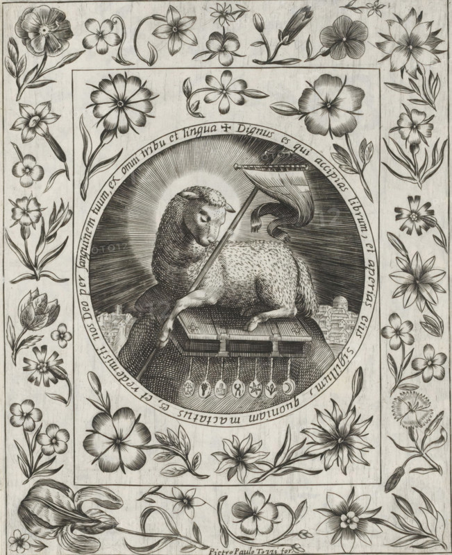 Lamb of God on the Book with the Seven Seals, Imagini Gentilissime delle dodici Sibille, print, album page, The Lamb of God, symbol of Christ, lies on the Book with the Seven Seals (Rev. 5) and holds a crusader banner. In the background, a view of the heavenly Jerusalem. The depiction is enclosed in a medallion with a Latin inscription around the edge. Surrounded by a floral frame. Print is part of an album., number: '61.', printmaker: Pietro Paolo Tozzi, Padua, after print by Crispijn van de Passe (I), after design by Crispijn van de Passe (I), 1601 - 1627, after print by, paper, engraving, gravure, height 208 mm x width 167 mm, lamb bearing cross or banner, 'Agnus Dei', the book with the seven seals enthroned, Revelation of John, A central oval contains a reclining lamb facing left with its head turned toward its back, resting one front leg on a book and holding a staff with a draped banner; radiating lines form a halo behind the lamb and a stylized cityscape appears beneath the book...