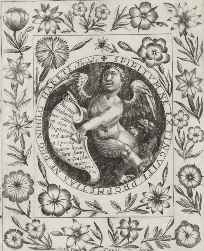 Angel with banner, Imagini Gentilissime delle dodici Sibille, print, album page, An angel pointing to a banner with a Bible quote in Latin from 2 Peter 1:21. In the background, an eagle. The image is enclosed in a medallion with a border inscription containing a text from 1 Thessalonians 5:19-20 in Latin. Surrounded by a floral frame. Print is part of an album., number: '62.', printmaker: Pietro Paolo Tozzi, Padua, after print by Crispijn van de Passe (I), after design by Crispijn van de Passe (I), 1601 - 1627, after print by, paper, engraving, gravure, height 208 mm x width 167 mm, predatory birds: eagle, lamb bearing cross or banner, 'Agnus Dei', symbol of Christ, angel(s) with book(-scroll) or banderole, A central circular medallion contains a winged cherubic figure seated with one leg bent and the other extended, holding a scroll; the cherub has curled hair, a rounded face, and detailed feathered wings, and near it an eagle-like bird with an open beak is visible. Surrounding the me...