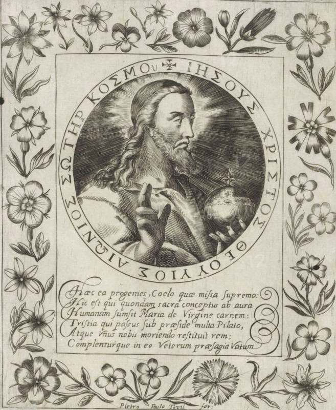Christ as Salvator Mundi, Imagini Gentilissime delle dodici Sibille, print, album page, Christus als Salvator Mundi. He makes a blessing gesture and holds an orb with a cross on it in his hand. The image is enclosed in a medallion with an inscription in Greek around the edge. Below the image is a six-line verse in Latin. Surrounded by a frame with flowers. Print is part of an album., number: '59.', printmaker: Pietro Paolo Tozzi, Padua, after print by Crispijn van de Passe (I), after design by Crispijn van de Passe (I), 1601 - 1627, after print by, paper, engraving, gravure, height 207 mm x width 170 mm, 'Salvator Mundi', making a blessing gesture, an orb in his hand or at his feet, lamb bearing cross or banner, 'Agnus Dei', symbol of Christ, A detailed black and white engraved image shows a framed circular portrait of a bearded man with long wavy hair and a radiant halo behind his head, holding an orb topped with a small cross in one hand while the other hand is raised with two finger...