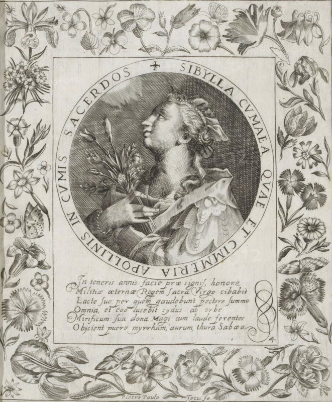 Sibyl of Cumae, Gentle Images of the Domini Sibyl, print, album page, Series number, 4, 12, Bust of the Sibyl of Cumae. In her hands she holds a bouquet of flowers. The image is enclosed in a medallion with a Latin inscription around the edge. Below the image is a six-line caption in Latin. Surrounded by a frame with flowers. Print is part of an album., number: '52', printmaker: Pietro Paolo Tozzi, Padua, after print by Crispijn van de Passe (I), after design by Crispijn van de Passe (I), 1601 - 1627, after print by, paper, engraving, height 204 mm x width 173 mm, flowers, Cumaean sibyl, A detailed black and white engraved image shows a circular portrait of a person in profile looking upward, surrounded by a wide ring and a rectangular frame; the figure wears a draped garment and a headpiece with curled hair and holds a small bouquet of flowers near the chest. The surrounding border is decorated with various botanical illustrations including stylized blossoms, buds, leaves, and tendril...