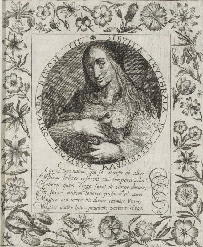 Sibille of Erythrae, Imagini Gentilissime delle dodici Sibille, print, album page, Series number, 12, Bust of the Sibyl of Erythrae. In her arms she holds a lamb. The depiction is enclosed in a medallion with a Latin inscription around the edge. Below the depiction is a six-line caption in Latin. Surrounded by a floral border. Print is part of an album., number: '58', printmaker: Pietro Paolo Tozzi, Padua, after print by Crispijn van de Passe (I), after design by Crispijn van de Passe (I), 1601 - 1627, after print by, paper, engraving, height 207 mm x width 171 mm, flowers, Erythraean sibyl, A central oval portrait shows a long-haired woman gazing slightly to one side, her hands holding a small lamb against her chest, the portrait rendered with fine crosshatching and surrounded by a circular frame; the circular frame is set within a rectangular panel bordered on all sides by detailed floral illustrations featuring a variety of stylized blossoms and leaves; beneath the portrait panel is...
