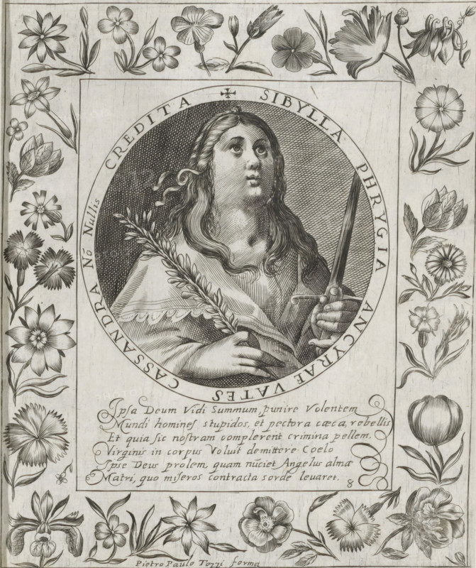 Phrygian Sibyl, Imagini Gentilissime delle dodici Sibille, print, album page, Series number, 12, Bust of the Phrygian Sibyl. In her right hand she holds an olive branch and in her left hand a sword. The depiction is enclosed in a medallion with a Latin inscription around the edge. Below the depiction is a six-line caption in Latin. Surrounded by a frame with flowers, including columbine. Print is part of an album., number: '54', printmaker: Pietro Paolo Tozzi, Padua, after print by Crispijn van de Passe (I), after design by Crispijn van de Passe (I), 1601 - 1627, after print by, paper, engraving, height 206 mm x width 171 mm, flowers, sibyls (with NAME), A detailed black and white engraved portrait shows a woman with long wavy hair framed by an oval border, holding a palm branch in one hand and a sword in the other, her gaze directed upward; the oval is set within a rectangular panel that is surrounded by decorative floral borders featuring various stylized flowers, buds, and leaves ar...