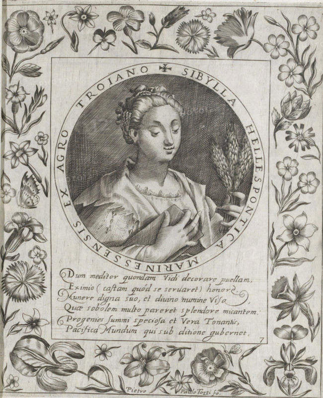 Hellespontine Sibyl, Imagini Gentilissime delle dodici Sibille, print, album page, Series number, 7, 12, Bust of the Hellespontine Sibyl. In her left hand she holds three ears of corn and in her right hand a book. The depiction is enclosed in a medallion with a Latin inscription around the edge. Below the depiction is a six-line caption in Latin. Surrounded by a frame with flowers, including an iris and a narcissus. Print is part of an album., number: '53', printmaker: Pietro Paolo Tozzi, Padua, after print by Crispijn van de Passe (I), after design by Crispijn van de Passe (I), 1601 - 1627, after print by, paper, engraving, height 208 mm x width 171 mm, flowers, sibyls (with NAME), A detailed engraved portrait of a woman shown inside a circular frame, her hair styled and braided, her eyes lowered and a gentle expression on her face, one hand clutching drapery at her chest and the other holding a sheaf of grain; the circular frame is surrounded by an ornate border filled with various b...