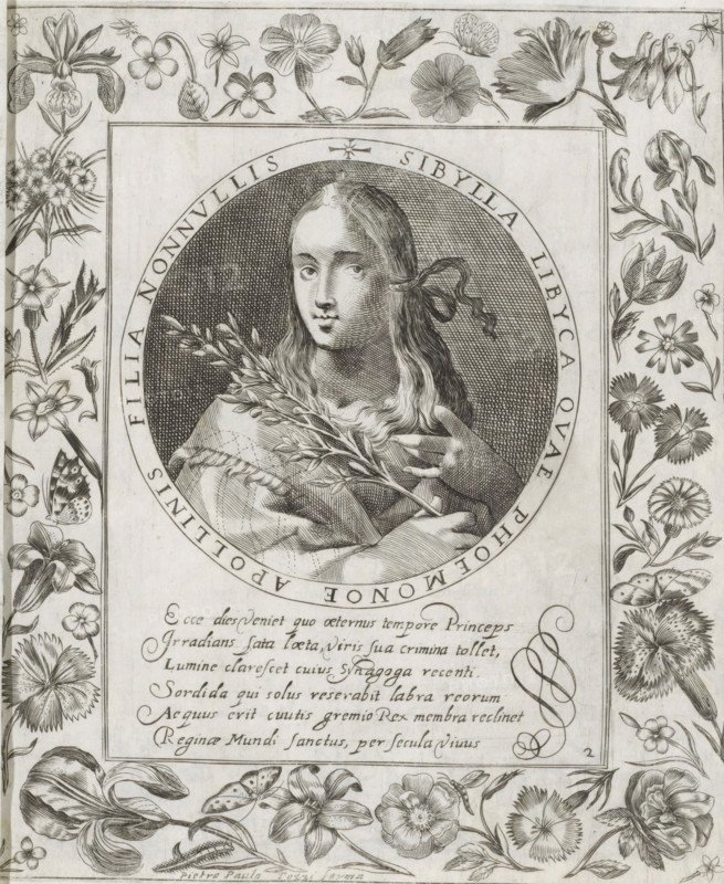 Libyan Sibyl, Imagini Gentilissime delle dodici Sibille, print, album page, Series number, 2, 12, Bust of the Libyan Sibyl. In her right hand she holds an olive branch. The depiction is enclosed in a medallion with a Latin inscription around the edge. Below the depiction is a six-line caption in Latin. Surrounded by a frame with flowers, including an iris and columbine. Print is part of an album., number: '48', printmaker: Pietro Paolo Tozzi, Padua, after print by Crispijn van de Passe (I), after design by Crispijn van de Passe (I), 1601 - 1627, after print by, paper, engraving, height 207 mm x width 173 mm, flowers, sibyls (with NAME), A detailed engraved portrait of a young person shown from the chest up within an oval medallion, with long hair tied at one side and holding a sprig of foliage across the front; the face and clothing are rendered with fine crosshatching and stippling against a densely textured background inside the oval. The oval is set within a rectangular frame that i...