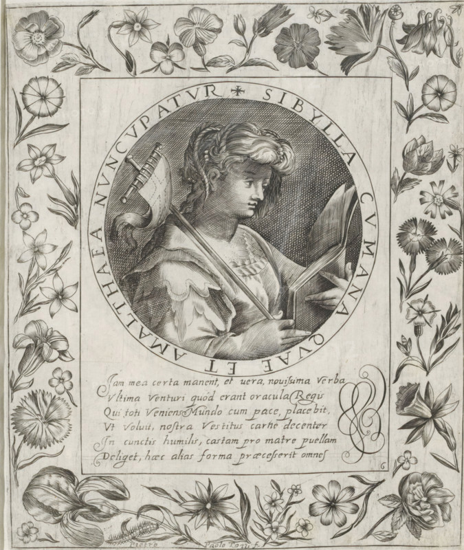 Cimmerian Sibyl, Imagini Gentilissime delle dodici Sibille, print, album page, Series number, 6, 12, Bust of the Cimmerian Sibyl, reading a book. In her right hand she holds a crusader banner. The depiction is enclosed in a medallion with a Latin inscription around the edge. Below the depiction is a six-line caption in Latin. Surrounded by a frame with flowers, including an iris and columbine. Print is part of an album., number: '52.', printmaker: Pietro Paolo Tozzi, Padua, after print by Crispijn van de Passe (I), after design by Crispijn van de Passe (I), 1601 - 1627, after print by, paper, engraving, gravure, height 207 mm x width 171 mm, flowers, sibyls (with NAME), A detailed black and white engraving shows a central circular portrait of a young person with wavy hair looking downward while holding an open book and a staff topped with a flag; the portrait is rimmed by an inscribed band. The portrait and band sit inside a rectangular panel that is surrounded by a decorative floral b...