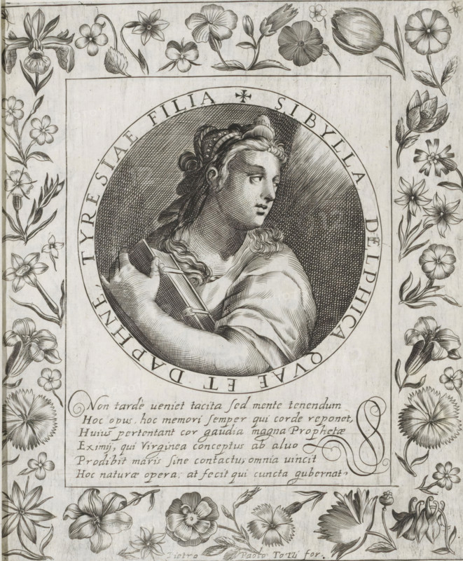 Delfische Sibyl, Imagini Gentilissime delle dodici Sibille, print, album page, Series number, 6, 12, Bust of the Delphische Sibyl. In her left hand she holds a book. She looks back over her shoulder at the light. The image is enclosed in a medallion with a Latin inscription around the edge. Below the image is a six-line caption in Latin. Surrounded by a floral frame. Print is part of an album., number: '49.', printmaker: Pietro Paolo Tozzi, Padua, after print by Crispijn van de Passe (I), after design by Crispijn van de Passe (I), 1601 - 1627, after print by, paper, engraving, gravure, height 207 mm x width 173 mm, flowers, sibyls (with NAME), A detailed black and white engraved image shows a framed oval portrait of a woman turned slightly to the side, holding a rectangular object close to her chest; she has wavy hair pulled back with a headband and wears draped clothing. The oval portrait is surrounded by a circular band and a rectangular border, and the surrounding margins are filled...