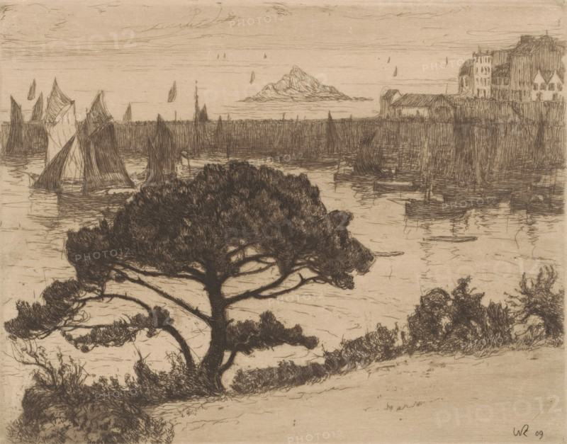Fischerhafen in den Bretagne (original title on object), print, View of a harbor with sailboats., printmaker: Walter Zeising (signed by artist), Dresden, 1909, Saxony, paper, etching, drypoint, intaglio printmaking technique, height 187 mm x width 238 mm, harbor, sailing-ship, sailing-boat, prospect of village, silhouette of village, Brittany, A sepia-toned sketch of a coastal scene showing a large windswept tree in the foreground with a thick trunk and dense, rounded foliage, layered shrubs and low vegetation around its base, a calm body of water beyond with reflected lines and ripples, several sailboats with dark triangular sails clustered near the shore and farther out, a low pier or breakwater stretching across the middle distance, a rocky island rising from the water on the horizon, and a cluster of tall buildings and waterfront structures at the right edge, all rendered with fine cross-hatched lines and delicate linear shading under a lightly sketched sky.