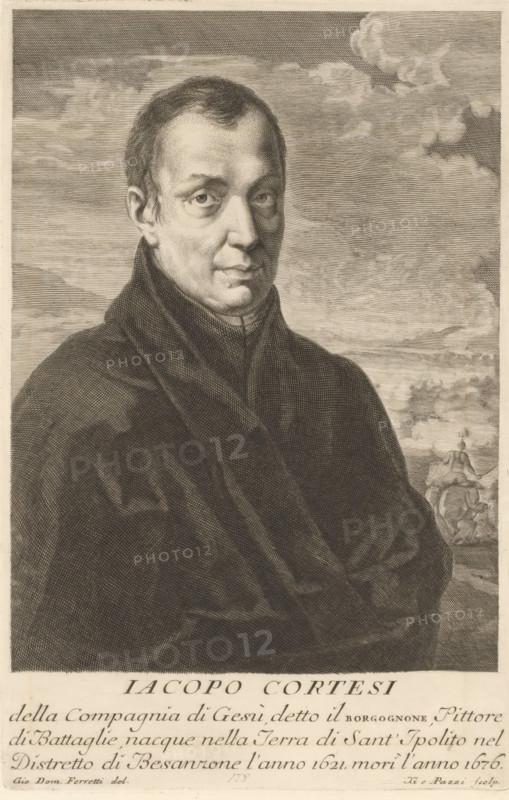 Portrait of Jacques Courtois, Iacopo Cortesi, Florentine museum, Museum Florentinum, print, album page, Series number, 320, Text in Italian in the bottom margin. Print is part of an album., printmaker: Antonio Pazzi, after drawing by Giovanni Domenico Ferretti, 1752 - 1766, paper, engraving, color on edge, engraving printed on album page, gold on edge, height 274 mm x width 178 mm, Print is part of a series entitled 'Museum Florentinum', consisting of four subsections: 'Gemmae antiquae ex Thesauro Mediceo et privatorum dactyliothecis florentiae...' (1730-1731), 'Statuae antiquae dorum et virorum illustrium' (1734), 'Antiqua numismata aurea et argentea' (1740-1741) and 'Serie di ritratti degli eccellenti pittori' (1752-1766). The fourth part consists of 320 artist portraits and is published in book form (four parts). Print from: Moücke, Francesco. Serie di ritratti degli eccellenti pittori : dipinti di propria mano che esistono nell'Imperial galleria di Firenze. 4 parts. Florence: Franc...