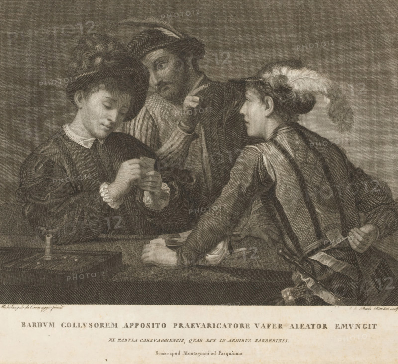 Card players, Bardum Collusorem Apposito Praevaricatore Vafer Aleator Emungit, print, album page, Print is part of an album., printmaker: Pietro Bettelini, after painting by Caravaggio, publisher: Pietro Paulo Montagnani, Rome, 1773 - 1805, paper, engraving, color on edge, engraving printed on album page, gold on edge, height 221 mm x width 321 mm, The compiler printed this print in the album as an illustration by: Pilkington, Matthew and Johann Heinrich Füssli. A dictionary of painters, from the revival of the art to the present period. 4 parts. London: John Crowder, 1805, vol. 1, p. 13., playing-cards, Cheat, Deceit, 'Fraud', 'Inganno' (Ripa), A detailed engraved scene shows three young men seated closely together around a table, each wearing period clothing with ruffled collars and hats; one young man on the left holds a small folded piece of paper and looks down at it with a calm expression, his hat adorned with textured curls, while a central figure behind him leans forward with w...