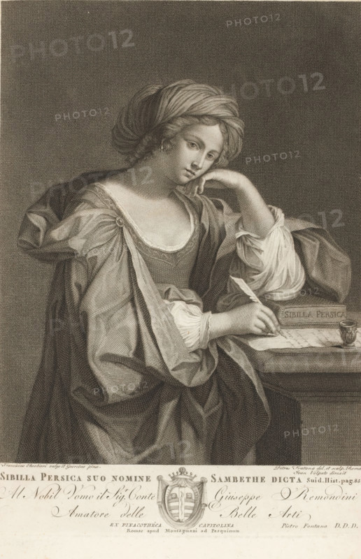 Sibyl of the Oracle of Apollo, Sibilla Persica suo nomine Sambethe dicta, Persian Sibyl, print, album page, Print is part of an album., collector's mark: 'GM', printmaker: Pietro Fontana, Rome, after drawing by Pietro Fontana, after design by Guercino, supervision: Giovanni Volpato, publisher: Pietro Paulo Montagnani, dedicated by: Pietro Fontana, dedicated to: Giuseppe Remondini, 1785, Pietro Fontana, Guercino, Giovanni Volpato, Pietro Paulo Montagnani, Giuseppe Remondini, printmaker, after drawing by, after design by, supervision, publisher, paper, engraving, color on cut, engraving printed on album page, gold edge, height 346 mm x width 248 mm, De The compiler has printed this print in the album as an illustration for: Pilkington, Matthew and Johann Heinrich Füssli. A dictionary of painters, from the revival of the art to the present period. 4 vols. London: John Crowder, 1805, vol. 1, p. 31., Persian sibyl, seer, prophet, non-Christian religions - BB - seeress, prophetess, A seated ...