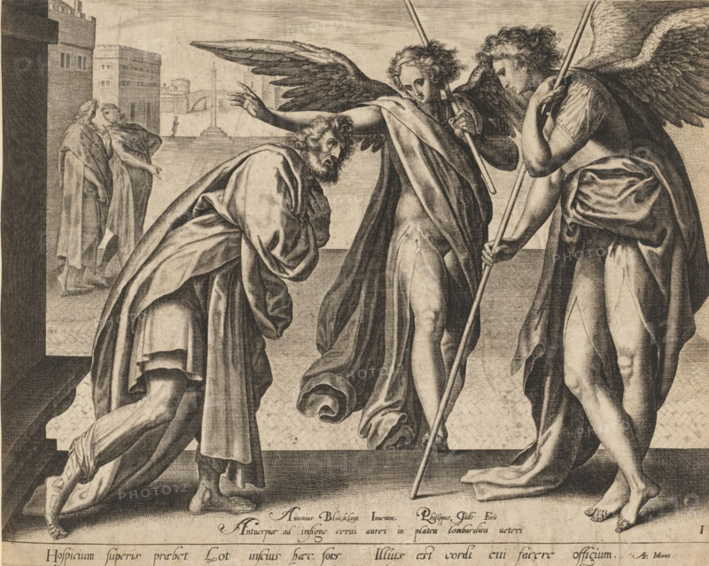 Lot and the Two Angels, print, album page, Lot meets two angels at the city gate of Sodom and offers them a meal and a night's stay in his house. Below the image, a reference in Latin to the Bible text Gen. 19. Numbered: 1. Print is part of an album., printmaker: Philips Galle, Antwerp, after design by Anthonie Blocklandt, 1547 - 1584, Philips Galle, Anthonie Blocklandt, printmaker, after design by, paper, engraving, gravure, pasted on album page, height 221 mm x width 283 mm, The compiler pasted this print into the album as an illustration for: Pilkington, Matthew and Johann Heinrich Füssli. A dictionary of painters, from the revival of the art to the present period. 4 vols. London: John Crowder, 1805, vol. 1, p. 52., Lot and the two angels (Genesis 19:1-23), A monochrome engraving shows three winged figures in flowing drapery standing on a patterned floor, the central figure facing slightly toward the viewer with one arm extended and a wing raised, the figure to the left bent forward...
