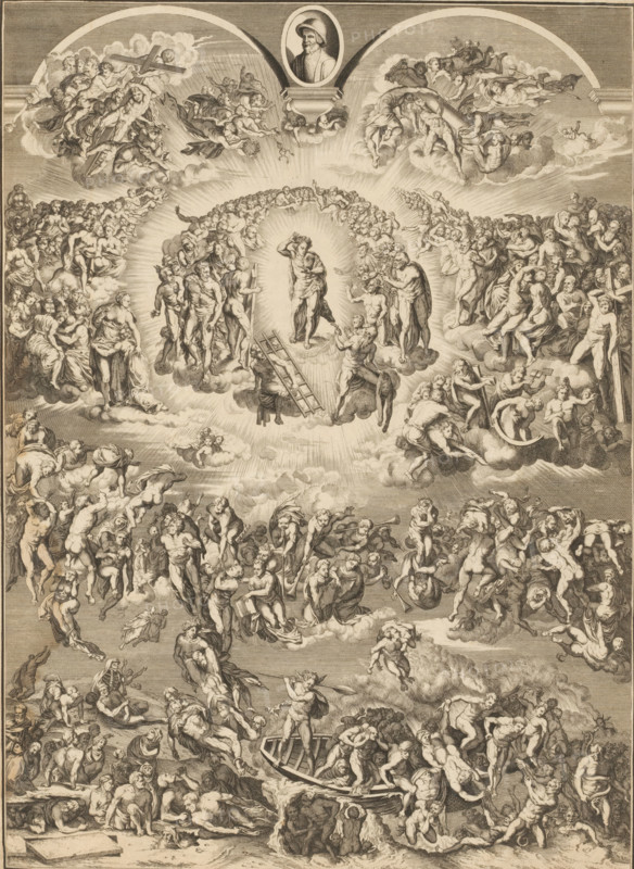 Last Judgment, print, album page, Print is part of an album., after painting by Michelangelo, 1700 - 1800, printmaker, paper, etching, engraving, etching and engraving, pasted onto album page, height 316 mm x width 228 mm, The compiler pasted this print into the album as an illustration for: Pilkington, Matthew and Johann Heinrich Füssli. A dictionary of painters, from the revival of the art to the present period. 4 vols. London: John Crowder, 1805, vol. 1, p. 62., historical persons, portrait, self-portrait of painter, comprehensive representation of Last Judgment: Christ (with sword and lily), often surrounded by elders and sometimes accompanied by Mary and John the Baptist, appears in the sky with trumpeting angels (and sometimes angels holding the instruments of the Passion), after the resurrection of the dead the blessed are led to heaven by angels, and the damned are dragged into hell by devils, A detailed monochrome engraving fills the scene with numerous human figures arranged ...