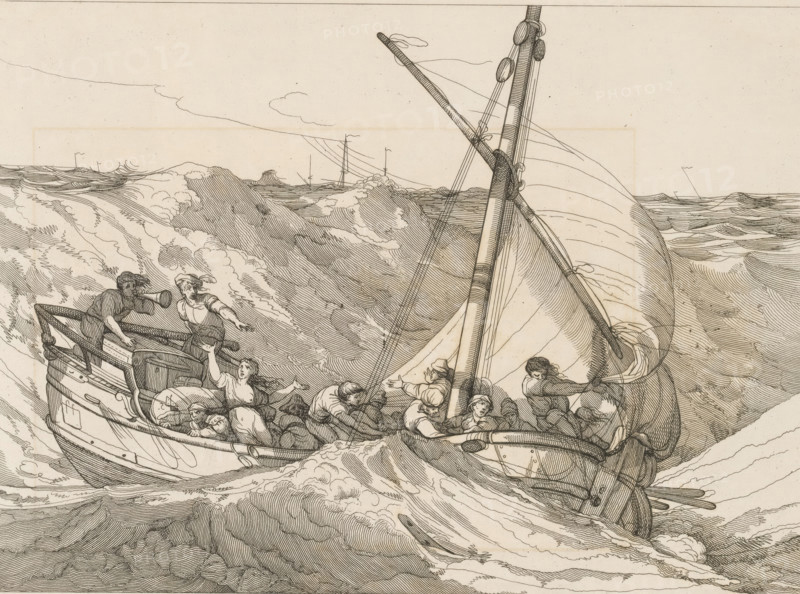 Fishing boat in the waves, print, album page, Print is part of an album., printmaker: Robert Blyth, after painting by John Hamilton Mortimer, publisher: William Richardson, London, 1805, paper, etching, printed on album page, height 252 mm x width 342 mm, The compiler pasted this print into the album as an illustration for: Pilkington, Matthew and Johann Heinrich Füssli. A dictionary of painters, from the revival of the art to the present period. 4 vols. London: John Crowder, vol. 2, p. 350., sailing-ship, sailing-boat, fisherman, storm at sea, A pen-and-ink drawing of a small sailboat pitching on rough waves, showing a mast with rigging and a partially furled sail, a curved bow cutting through foamy water, and turbulent sea lines extending to the horizon. Several people are aboard the boat in various poses, some leaning forward, one at the stern blowing a horn, and others grasping ropes and the rail; clothing and hair are rendered with fine crosshatching. The scene includes churning w...