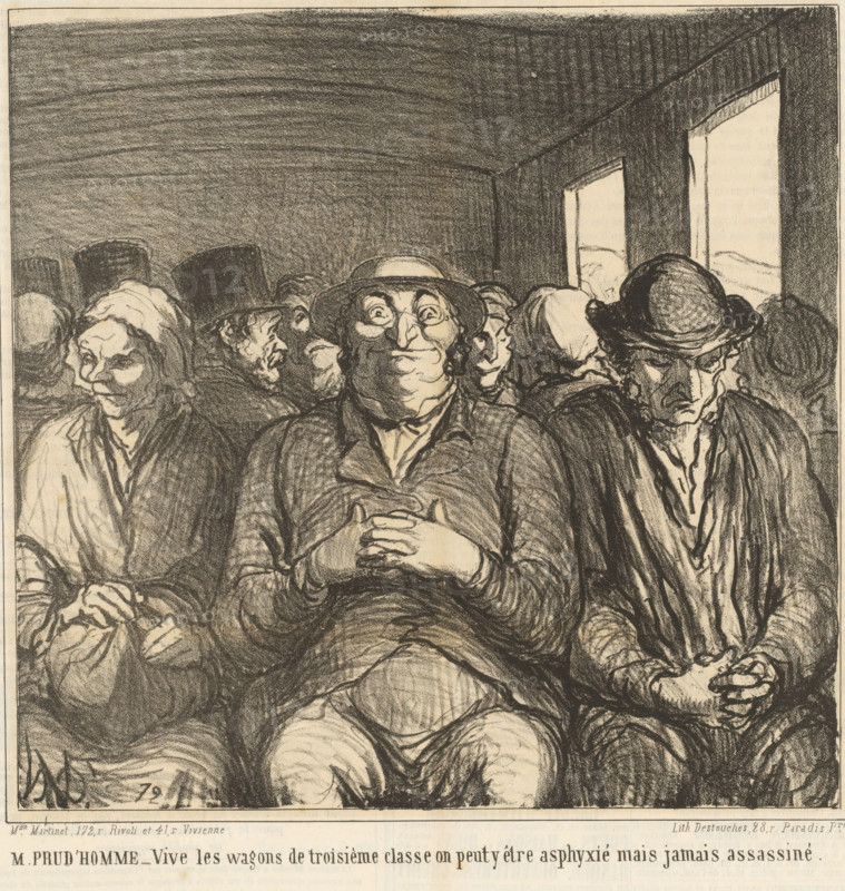 People side by side in a train carriage, M. Prud'homme - Vive les wagons de troisième classe, Traveling by train, En chemin de fer, cartoon, print, Series number, 4, 6, printmaker: Honoré Daumier, printer (person): Destouches, Paris, publisher: Martinet, 1864-08-30, Honoré Daumier, Destouches, Martinet, printmaker, printer (person), publisher, paper, lithography, letterpress printing, lithography with letterpress text on verso, height 290 mm x width 288 mm, A crowded charcoal drawing of seated people filling the frame, showing a central rotund man with a round hat and clasped hands, flanked by solemn and tired faces wearing various hats and headscarves; the figures are closely packed with layered clothing rendered in heavy, textured strokes, and two bright window panes appear behind them on the right letting in pale light against a dark, shaded interior.